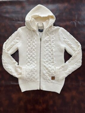 Makobi Men’s Cable-Knit Steetwear Hoodie Sweater Zip Up Collar Cream EUC
Large